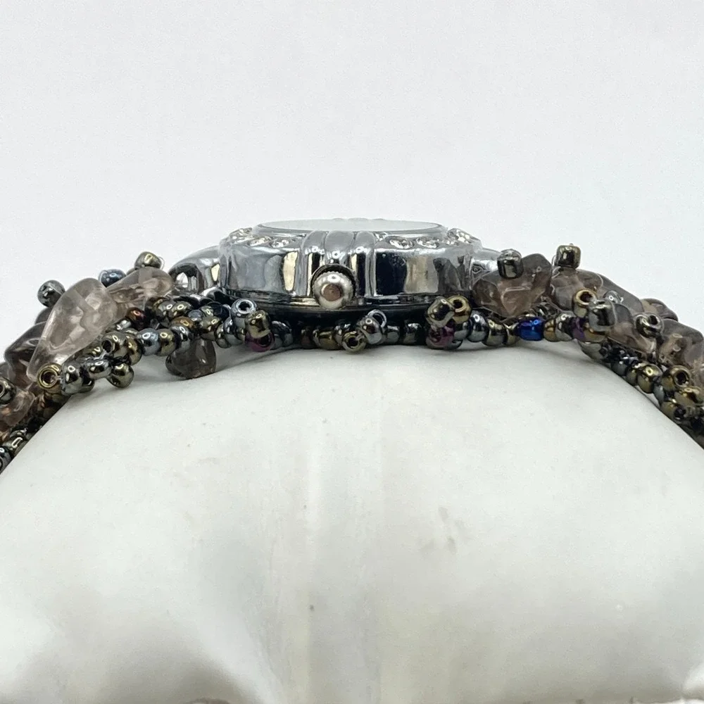 Artisan Womens Watch Beaded Gemstone Silver Tone Crystals New Battery 7.25